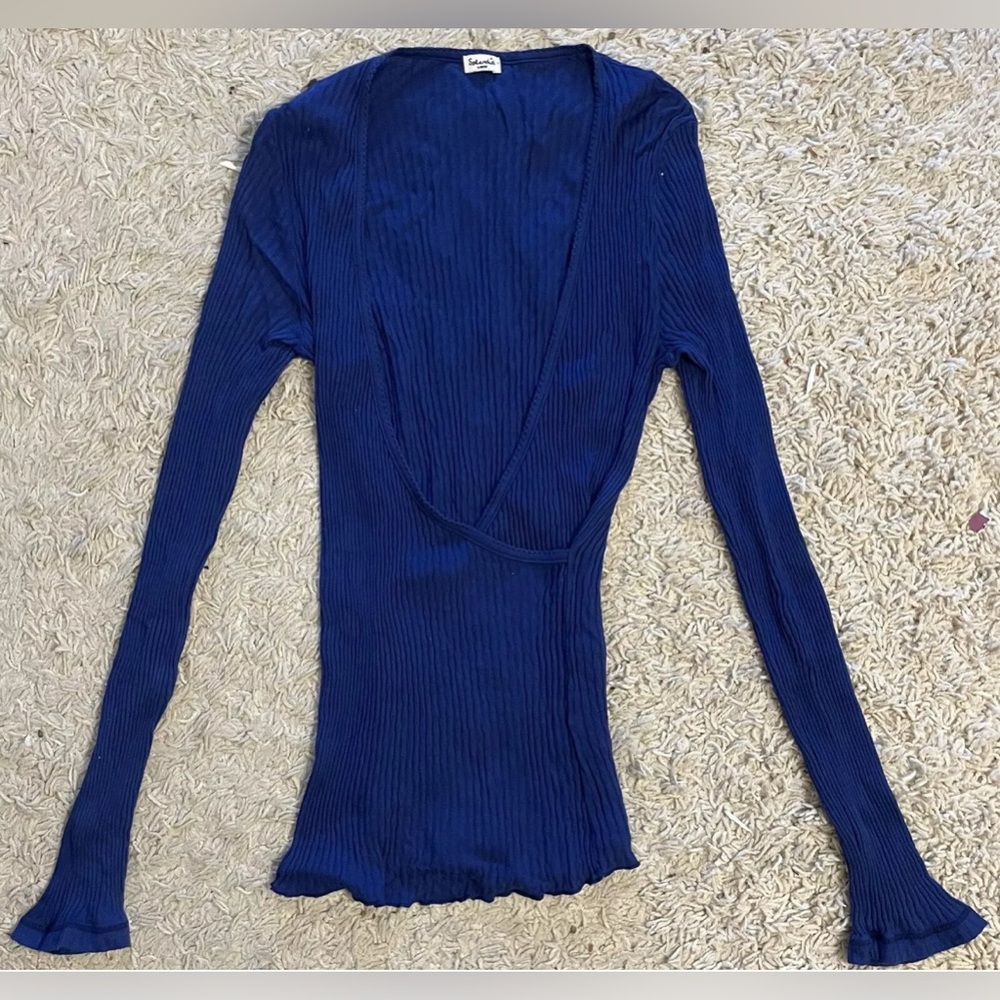 SPLENDID blue long sleeve scoop neck faux wrap knit top blouse large l
